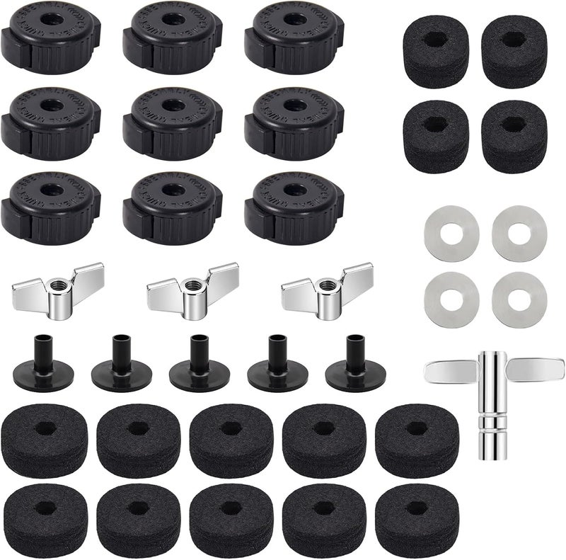 Seteol 36 PCS Cymbal Replacement Accessories, Clutch Felts, Drum Cymbal Felt Pads Include Wing Nuts & Washers & Plastic Cymbals Sleeves & Drum Key and Plastic Cymbals Nuts, Replacement for Drum Set,Black - Image 1